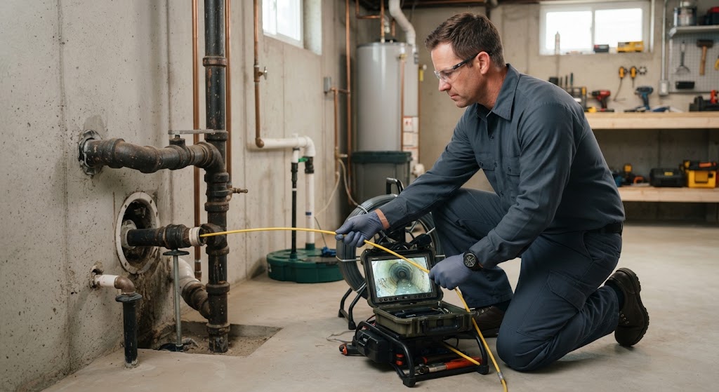Plumber using a sewer camera in the basement