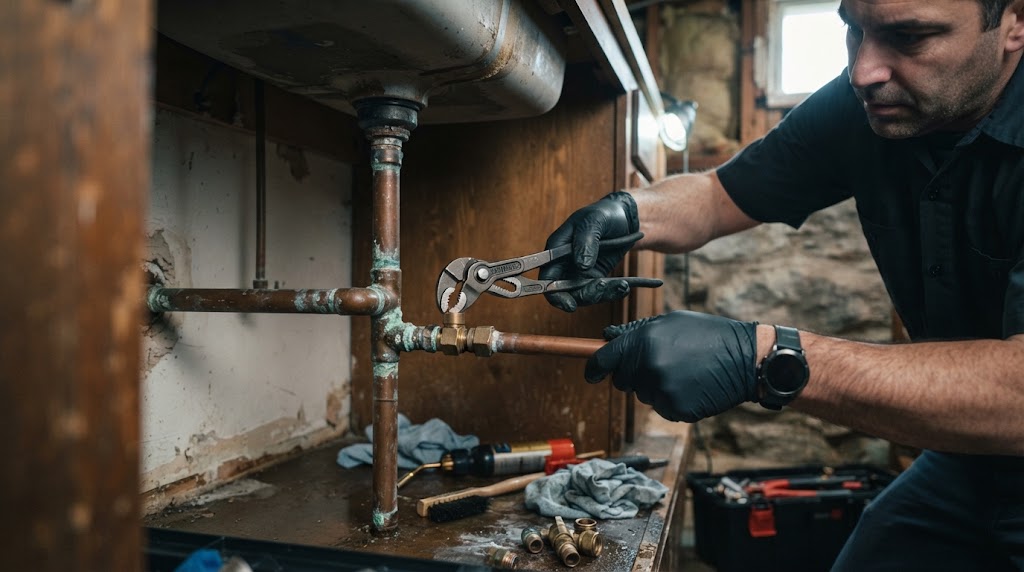 Plumber repairing a leaking pipe