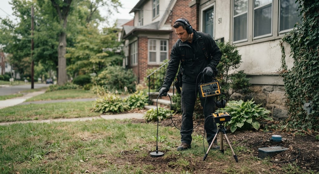 Plumber detecting a leak in the yard
