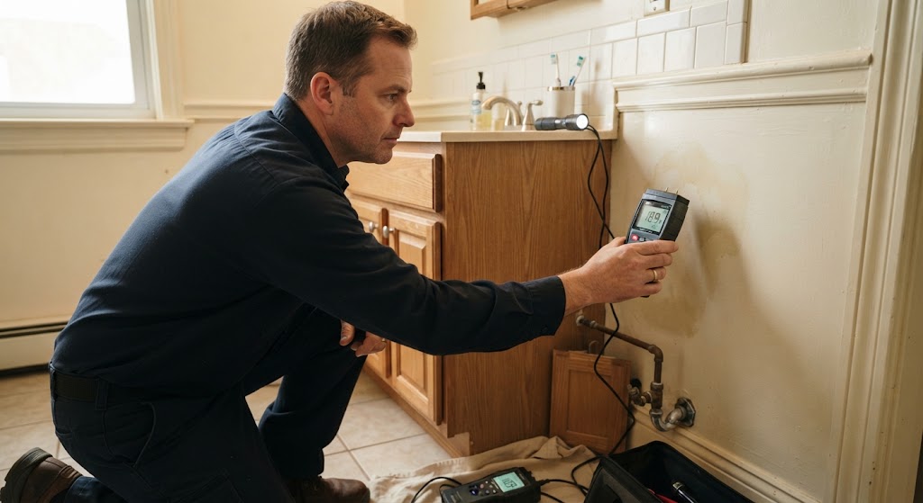 Plumber checking wall for basement leaks